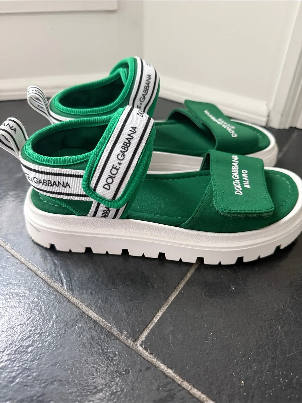 Dolce & Gabbana Kids Green Logo Strap Sandals with White Sole
